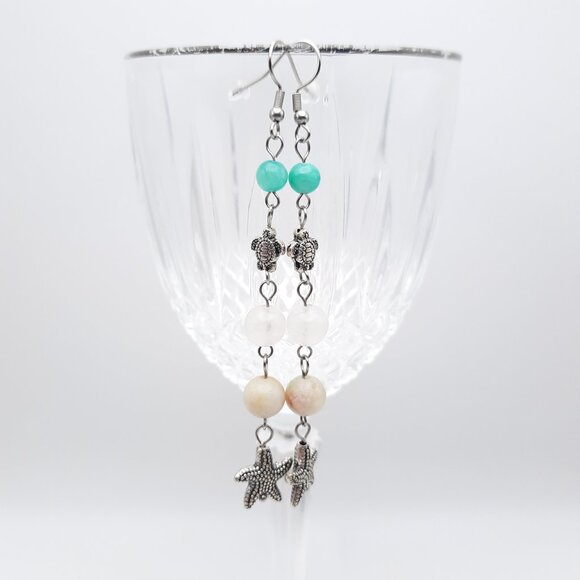 Starfish Turtle Beach Boho Quartz Amazonite Gemstone Earrings Handmade Jewelry - Picture 3 of 6